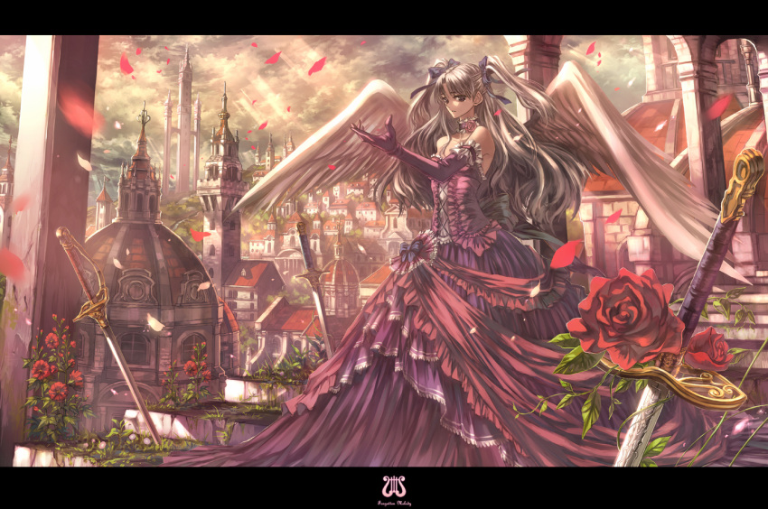 angel_wings bow brown_eyes brown_hair city cityscape dome dress elbow_gloves erendis eternita flower gloves hair_ribbon petals rapier red_rose ribbon rose rose_petals scenery solo stairs sword tower twintails weapon wings