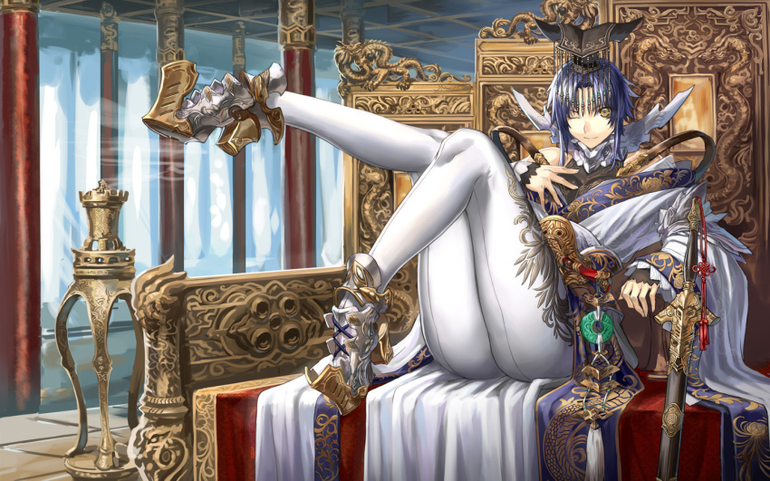 bare_shoulders belt dragon hat jewelry legs original ran'ou_(tamago_no_kimi) ranou sheath sitting solo sword thighs throne wallpaper weapon wink yellow_eyes