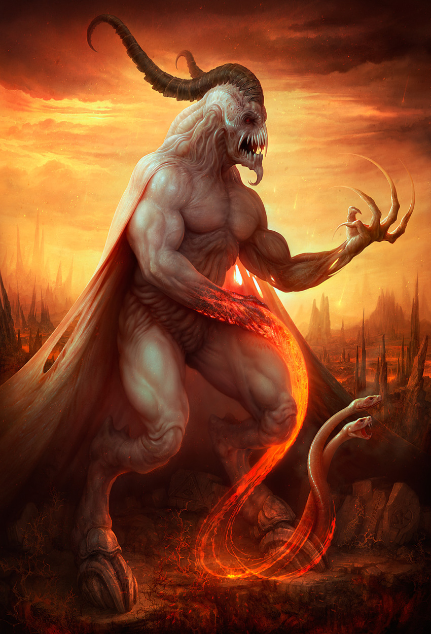 claws dark_clouds demon fangs highres hooves horns john_kearney monster muscle open_mouth outdoors outside realistic red red_eyes serpent