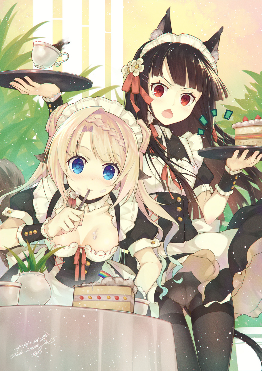 2girls animal_ears black_hair black_legwear blonde_hair blue_eyes braid breasts cake chestnut_mouth cup dated fangs food food_on_face frilled_choker frills gradient_hair green_hair hair_ornament hairclip highres jugatsu_junichi looking_at_viewer maid maid_headdress multicolored_hair multiple_girls number open_mouth original pantyhose plant puffy_sleeves red_eyes ribbon-trimmed_clothes ribbon_trim short_sleeves signature skirt teacup thigh_gap thighband_pantyhose tray twintails wrist_cuffs