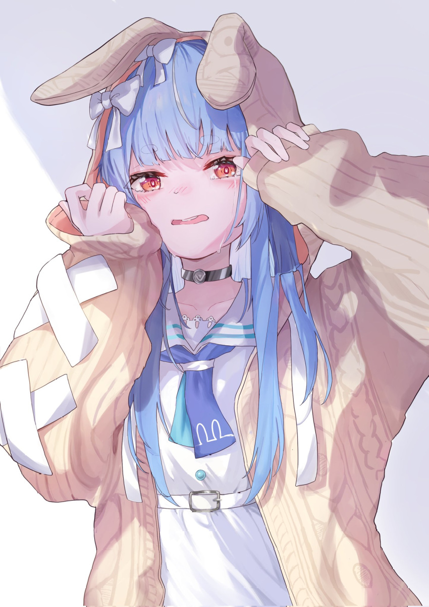 1girl animal_ears animal_hood belt blue_hair blue_necktie blunt_bangs blush commentary_request crying dress hair_ribbon hands_up highres hololive hood jacket long_hair long_sleeves looking_at_viewer necktie official_alternate_costume open_clothes open_jacket open_mouth rabbit-shaped_pupils rabbit_ears ribbon roma_(roma_16180) sailor_collar sailor_dress short_eyebrows sleeves_past_wrists solo symbol-shaped_pupils thick_eyebrows upper_body usada_pekora usada_pekora_(casual) virtual_youtuber white_belt white_dress white_ribbon yellow_jacket