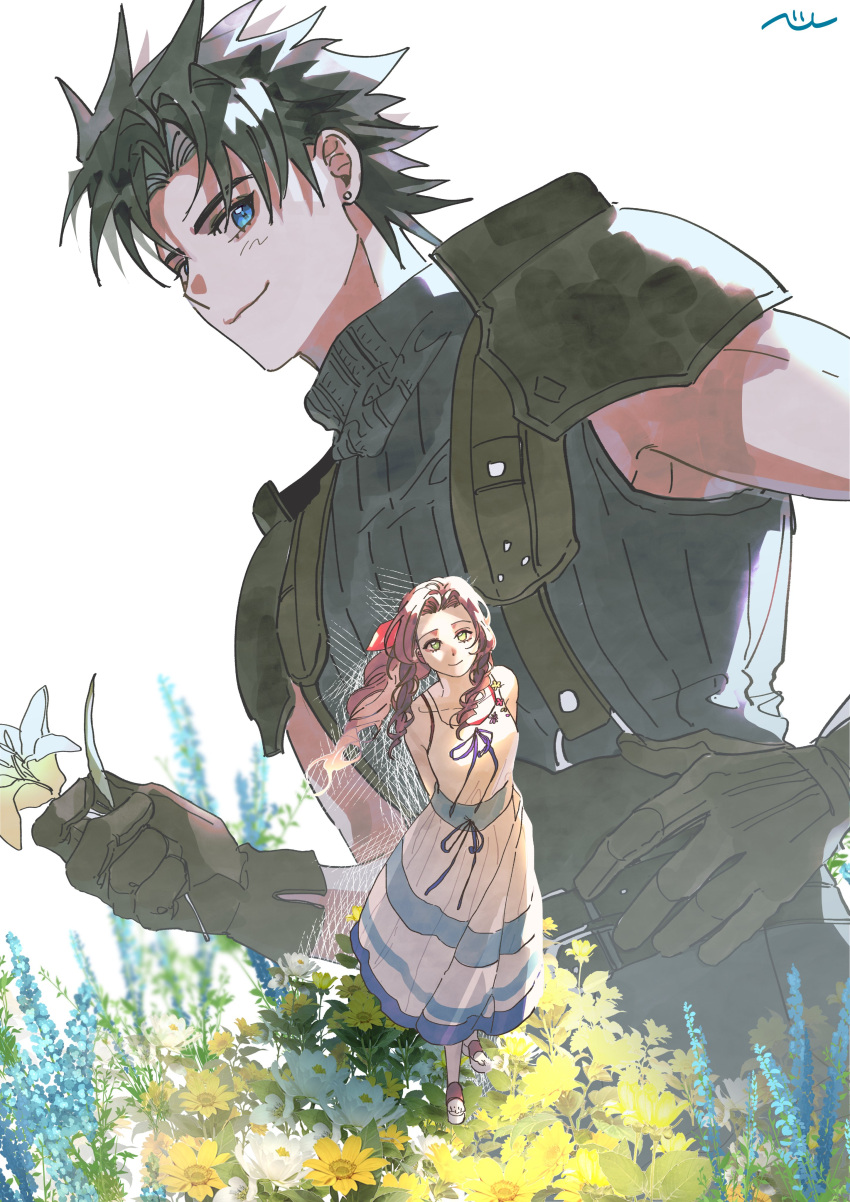 1boy 1girl absurdres aerith_gainsborough armor arms_behind_back belt black_hair black_pants black_shirt blue_eyes bow brown_hair dress field final_fantasy final_fantasy_vii final_fantasy_vii_remake flower flower_field gloves green_eyes hair_bow highres holding holding_flower long_hair nul pants pauldrons shirt shoulder_armor sleeveless standing sweater turtleneck turtleneck_sweater white_dress zack_fair