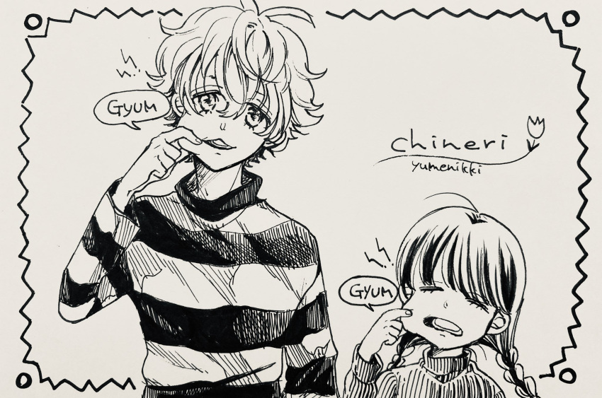 1boy 1girl :3 alice_(see_greeeen) braid cheek_pinching closed_eyes crosshatching crossover facing_viewer frown greyscale hatching_(texture) head_tilt height_difference highres jack-o'_ran-tan long_hair long_sleeves looking_at_viewer low_twin_braids madotsuki monochrome napoli_no_otokotachi open_mouth outside_border pinching short_hair shout_lines side-by-side simple_background speech_bubble spoken_sound_effect striped_clothes striped_sweater sweater tareme turtleneck turtleneck_sweater twin_braids upper_body yume_nikki