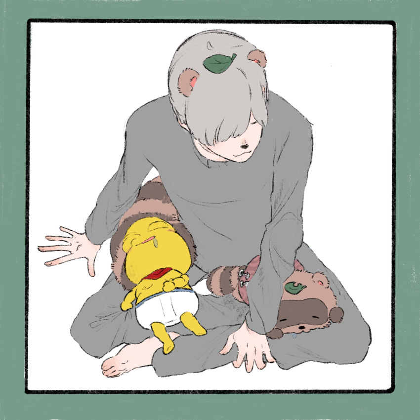 2boys :3 animal_ears animal_nose animal_on_lap anipoko arm_support bald bandana bandana_around_neck barefoot blush border briefs closed_eyes closed_mouth colored_skin drooling dual_persona facing_to_the_side from_above full_body green_border grey_pants grey_sweater hair_over_one_eye hand_on_own_leg hand_on_own_stomach highres indian_style leaf leaf_on_head lying lying_on_lap male_focus male_underwear mizu'24 mode_aim multiple_boys on_back on_lap one_eye_covered pants peanuts-kun raccoon_boy raccoon_ears raccoon_tail red_bandana short_hair simple_background sitting sleeping sleeping_on_person sweater sweatpants tail tanuki underwear virtual_youtuber white_background yellow_skin