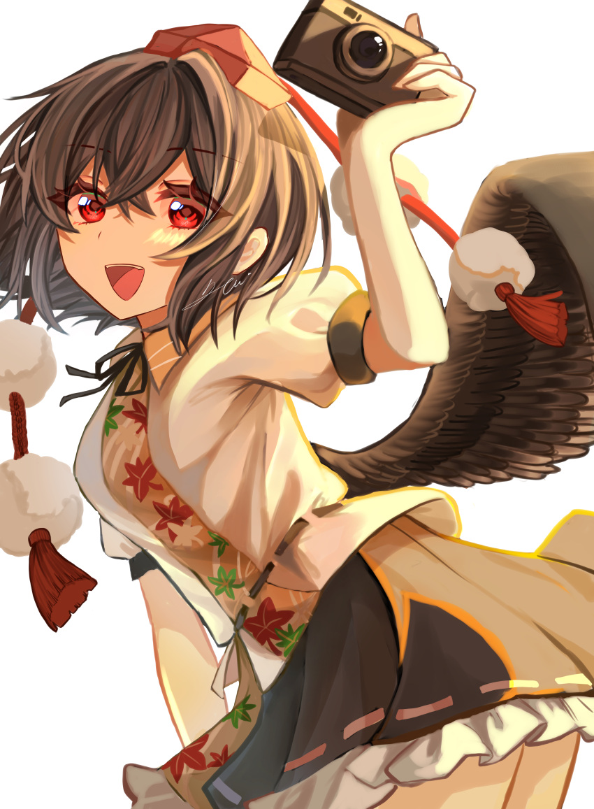 1girl :d absurdres arm_at_side black_hair black_skirt black_wings camera colored_eyelashes commentary cowboy_shot crossed_bangs eyes_visible_through_hair feathered_wings frilled_skirt frills from_side hair_between_eyes hand_up hat highres holding holding_camera izumi_no_yasushi_aya leaf_print looking_at_viewer maple_leaf_print miniskirt open_mouth pleated_skirt pom_pom_(clothes) puffy_short_sleeves puffy_sleeves red_eyes red_headwear shameimaru_aya shirt short_sleeves sidelighting signature simple_background skirt smile solo teeth tokin_hat touhou upper_teeth_only white_background white_shirt wings