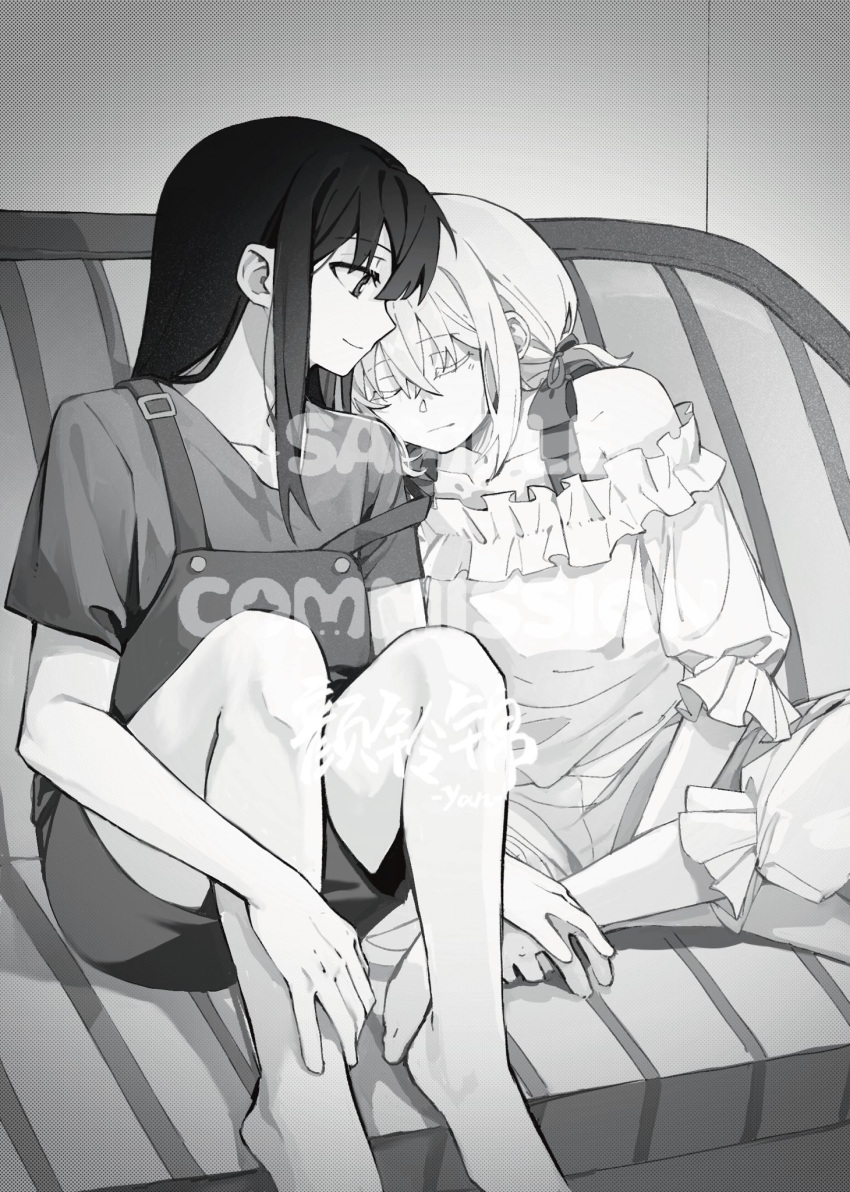 2girls barefoot chinese_commentary closed_eyes closed_mouth commentary_request couch dress greyscale hair_ribbon hand_on_another's_hand head_on_another's_shoulder highres inoue_takina long_hair lycoris_recoil medium_hair monochrome multiple_girls nishikigi_chisato off-shoulder_dress off_shoulder on_couch overalls ribbon shirt short_sleeves sitting sleeping sleeping_on_person yanlingjinshilihuahua yuri