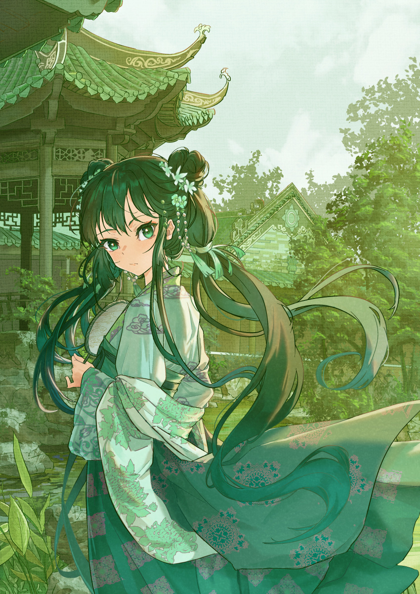 1girl absurdres architecture chinese_clothes double_bun duang_(user_tsag8258) east_asian_architecture floating_hair flower green_eyes green_hair green_theme hair_bun hair_flower hair_ornament hanfu highres long_hair looking_at_another looking_at_viewer original outdoors solo tree twintails very_long_hair