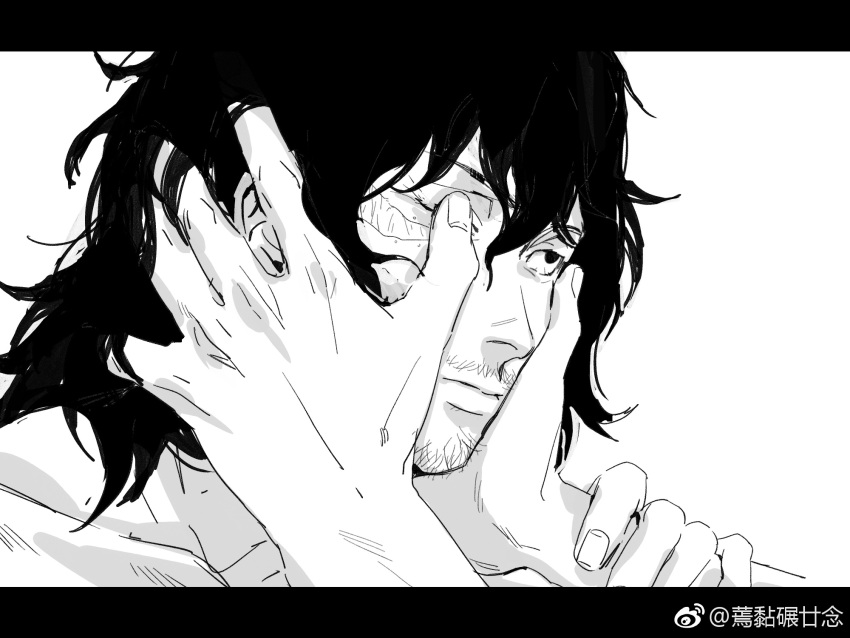 1boy boku_no_hero_academia closed_mouth collarbone eraser_head_(boku_no_hero_academia) expressionless facial_hair fingernails goatee_stubble greyscale hands_on_another's_face highres letterboxed long_hair looking_ahead male_focus messy_hair monochrome mustache_stubble nyan_2020 one_eye_closed out_of_frame scar scar_on_face short_hair simple_background sketch solo_focus stubble weibo_logo