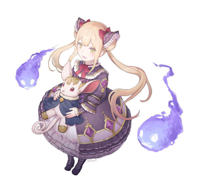 1girl :d absurdres blonde_hair bow bowtie cygames double_bun dress fire frilled_dress frilled_shirt_collar frills full_body gem green_eyes hair_bun highres hitodama holding holding_stuffed_toy long_hair looking_at_viewer luna_(shadowverse) miya8111 open_mouth purple_dress purple_fire purple_gemstone red_bow red_bowtie sidelocks simple_background smile solo standing stuffed_toy tachi-e twintails twitter_username white_background