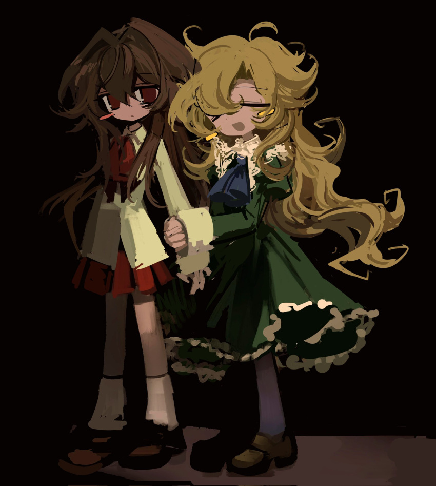 2girls ascot black_background blonde_hair blue_ascot brown_footwear brown_hair closed_eyes closed_mouth collared_shirt dress green_dress hair_between_eyes hair_intakes highres holding_another's_arm ib ib_(ib) long_hair looking_at_viewer loose_socks mary_(ib) messy_hair meyou_0319 multiple_girls open_mouth pantyhose pleated_skirt red_ascot red_eyes red_skirt shirt simple_background single_blush_sticker skirt smile socks standing white_shirt white_socks yuri