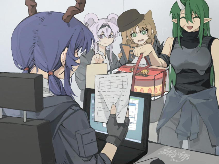 4girls animal_ears arknights black_gloves black_hairband black_headwear black_jacket black_shirt blue_hair bright_pupils cake ch'en_(arknights) chinese_commentary closed_eyes closed_mouth clothes_around_waist commentary_request computer desk dragon_horns drill_hair fingerless_gloves food fruit gloves green_eyes green_hair grey_pants hairband highres holding holding_cake holding_food holding_paper hood hood_down horns hoshiguma_(arknights) indoors jacket jacket_around_waist laptop lin_(arknights) long_hair mouse_ears multiple_girls open_mouth orange_hair pants paper pointy_ears purple_hair scar scar_on_face shirt single_horn sleeveless sleeveless_shirt smile strawberry swire_(arknights) tiger_ears twintails violet_eyes white_pupils yanlingjinshilihuahua