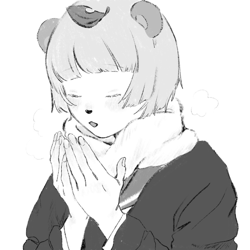 1girl :3 alternate_costume animal_ears animal_nose blunt_bangs blush breath breathing_on_hands closed_eyes commentary_request cupping_hands greyscale hands_up highres jacket leaf leaf_on_head long_sleeves mizu'24 mode_aim monochrome open_mouth own_hands_together ponpoko_(vtuber) raccoon_ears raccoon_girl scarf school_uniform serafuku short_hair simple_background solo upper_body virtual_youtuber warming_hands