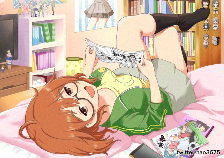 1girl ahoge araki_hina bed_sheet black_socks blush book bookshelf breasts brown-framed_eyewear brown_eyes brown_hair cellphone character_request collarbone crossed_legs figure glasses grey_skirt head_on_pillow holding holding_book idolmaster idolmaster_cinderella_girls idolmaster_cinderella_girls_starlight_stage indoors jacket keychain knees_up leg_up long_sleeves looking_at_viewer lying medium_breasts messy_hair monitor nao3675 on_back on_bed open_clothes open_jacket open_mouth phone pleated_skirt poster_(object) semi-rimless_eyewear shirt short_hair skirt smartphone smile socks solo track_jacket trash_can twitter_username under-rim_eyewear yellow_shirt