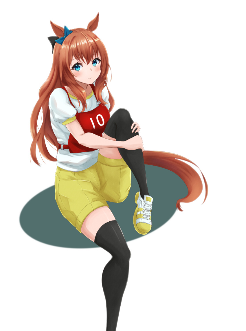 1girl animal_ears black_bow black_thighhighs blue_eyes bow brown_hair closed_mouth commentary ear_ribbon gym_shirt gym_shorts gym_uniform hair_bow highres horse_ears horse_girl horse_tail hugging_own_legs kemuri_(etep3372) knee_up long_hair looking_at_viewer maruzensky_(umamusume) race_bib shirt shoes short_sleeves shorts simple_background sitting smile sneakers solo t-shirt tail thigh-highs umamusume white_background white_shirt yellow_footwear yellow_shorts