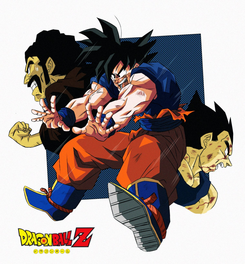 3boys battle_damage beard_stubble black_hair blood blood_on_face blue_sash blue_shirt blue_wristband clenched_hand clenched_teeth collarbone copyright_name dragon_ball dragon_ball_z emphasis_lines facial_hair floating highres injury male_focus mr._satan multiple_boys muscular muscular_male mustache oharu2000 open_hand open_mouth orange_pants pants sash shirt simple_background sleeveless son_goku spiky_hair stubble sweat teeth torn_clothes vegeta wristband