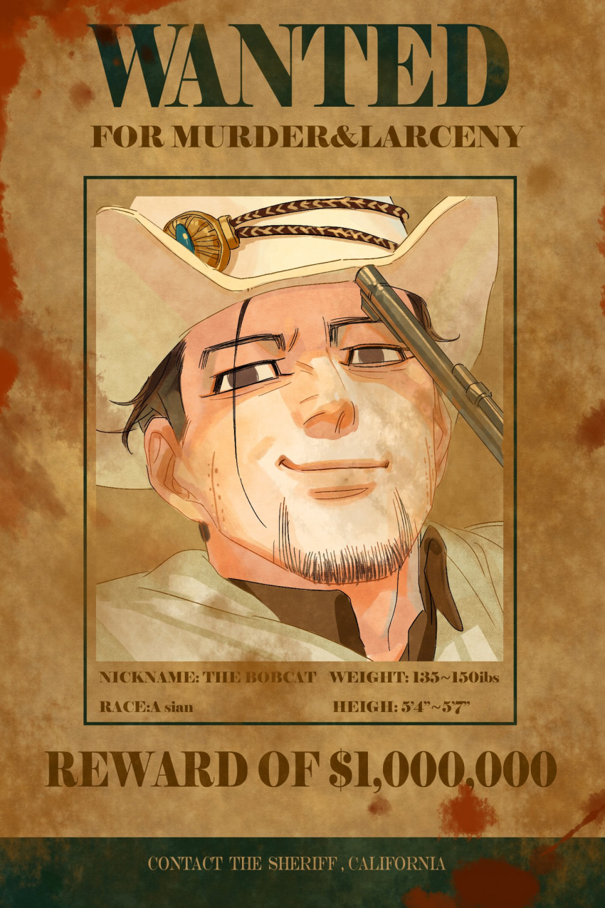 1boy alternate_universe blood brown_background brown_eyes brown_hair brown_shirt character_name chengongzi123 closed_mouth collared_shirt cowboy_hat cowboy_western english_commentary english_text facial_hair goatee golden_kamuy gun hat highres looking_at_viewer male_focus ogata_hyakunosuke portrait revolver scar scar_on_cheek scar_on_face shirt short_hair smirk solo very_short_hair wanted weapon