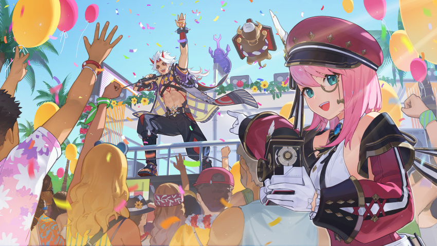 1boy 1girl absurdres aqua_eyes arataki_itto audience balloon blue_gemstone blue_sky bracelet cabbie_hat camera charlotte_(genshin_impact) cheering confetti cross-laced_clothes cross-laced_sleeves day ddal detached_sleeves flower gem genshin_impact gloves hat hat_feather highres holding holding_camera holding_microphone horns jewelry looking_at_viewer microphone monocle navel official_art oni onikabuto_(genshin_impact) open_mouth orange_eyes outdoors pectorals pink_hair pointing pointing_at_another portuguese_commentary puffy_detached_sleeves puffy_sleeves red_headwear red_horns red_sleeves redhead rope shimenawa sky spiked_bracelet spikes ushi_(genshin_impact) vision_(genshin_impact) white_gloves white_hair yellow_flower