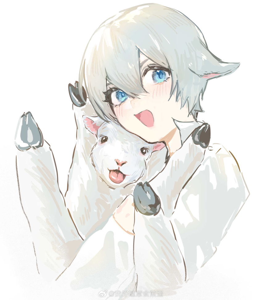 1boy absurdres aged_down animal blue_eyes dante_(devil_may_cry) devil_may_cry_(series) goat highres holding holding_animal looking_at_viewer male_focus naijarski open_mouth sheep simple_background smile solo white_hair