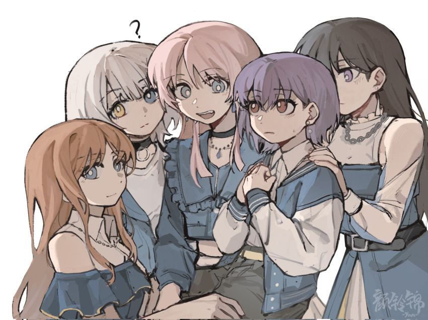 ? bang_dream! bang_dream!_it's_mygo!!!!! belt black_choker black_hair black_pants blue_dress blue_eyes blue_shirt blush bright_pupils brown_hair chain_necklace chihaya_anon chinese_commentary choker closed_mouth collared_shirt commentary_request dress earrings hand_on_another's_shoulder heterochromia highres jewelry kaname_raana long_hair long_sleeves looking_at_viewer nagasaki_soyo necklace off-shoulder_dress off_shoulder open_mouth pants parted_lips pink_hair red_eyes shiina_taki shirt short_hair simple_background sitting sitting_on_lap sitting_on_person sleeveless sleeveless_shirt smile sweatdrop takamatsu_tomori violet_eyes white_background white_pupils white_shirt yanlingjinshilihuahua yellow_eyes