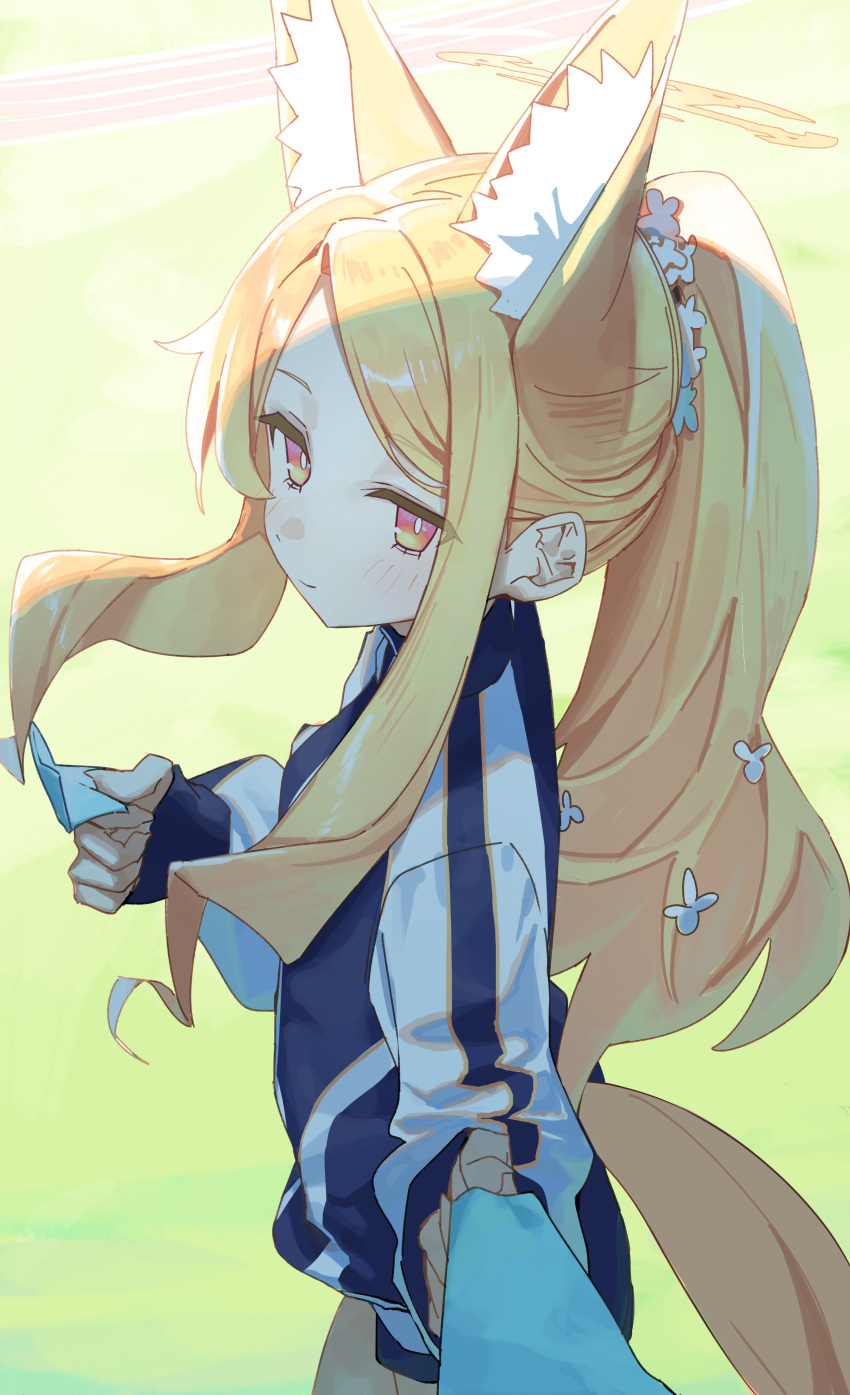 1girl absurdres animal_ear_fluff animal_ears blonde_hair blue_archive blush closed_mouth cowboy_shot extra_ears fox_ears halo highres jacket long_hair long_sleeves looking_at_viewer seia_(blue_archive) solo syhan track_jacket yellow_eyes yellow_halo
