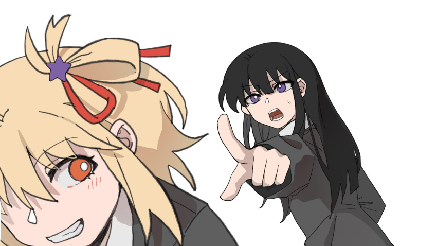 2girls black_hair black_jacket blonde_hair blush bright_pupils chinese_commentary collared_shirt commentary_request grey_skirt grin hair_ornament hair_ribbon highres inoue_takina jacket long_hair long_sleeves lycoris_recoil medium_hair multiple_girls nishikigi_chisato one_side_up open_mouth orange_eyes pleated_skirt pointing pointing_at_another red_ribbon ribbon school_uniform shirt skirt smile star_(symbol) star_hair_ornament sweatdrop violet_eyes white_pupils white_shirt yanlingjinshilihuahua