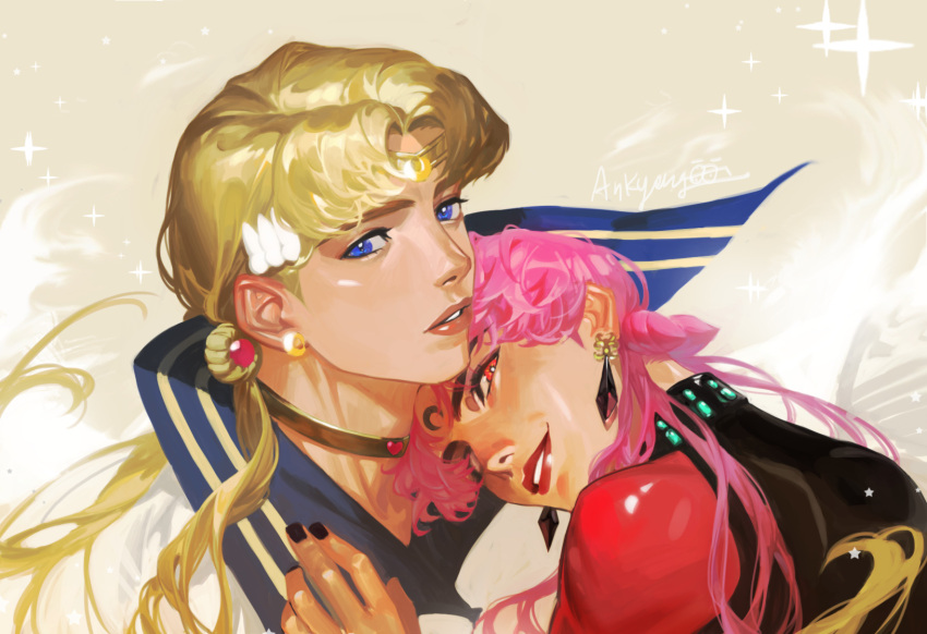 2boys an_kyoung bishoujo_senshi_sailor_moon black_lady black_nails blonde_hair blue_eyes earrings english_commentary genderswap genderswap_(ftm) grey_background highres jewelry lipstick long_hair looking_at_viewer makeup male_focus multiple_boys parted_lips pink_hair red_lips sailor_moon signature sparkle twintails