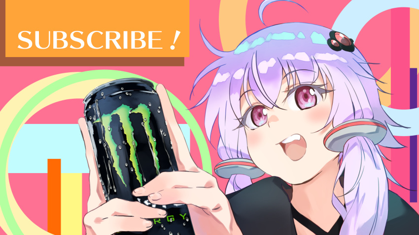 1girl ahoge black_hoodie blush can commentary_request condensation drink_can energy_drink english_text fang hair_ornament highres holding holding_can hood hood_down hoodie looking_at_viewer monster_energy multicolored_background portrait purple_hair red_eyes sadamoto_hokuto short_hair_with_long_locks smile solo two-handed vocaloid voiceroid yuzuki_yukari