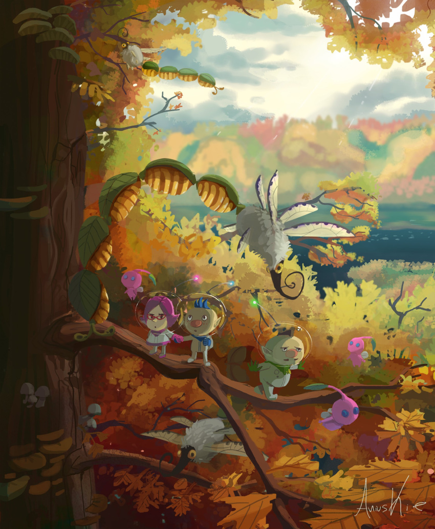 1girl 2boys :o absurdres alph_(pikmin) ani_(puniper) autumn autumn_leaves big_nose black_eyes blue_eyes blue_gloves blue_hair brittany_(pikmin) brown_hair bug charlie_(pikmin) clenched_hand clouds cloudy_sky colored_skin commentary day dragonfly english_commentary facial_hair flying gauge glasses gloves green_gloves helmet highres holding_hands in_tree insect_wings lake leaf looking_ahead mini_person miniboy minigirl miniskirt mohawk multiple_boys multiple_wings mustache nectarous_dandelfly open_mouth outstretched_arms pikmin_(creature) pikmin_(series) pikmin_3 pink_gloves pink_hair pink_skin pointy_ears pointy_nose radio_antenna red-framed_eyewear short_hair signature skirt sky solid_circle_eyes space_helmet spacesuit standing_on_branch tree triangular_eyewear very_short_hair walking whistle winged_pikmin wings