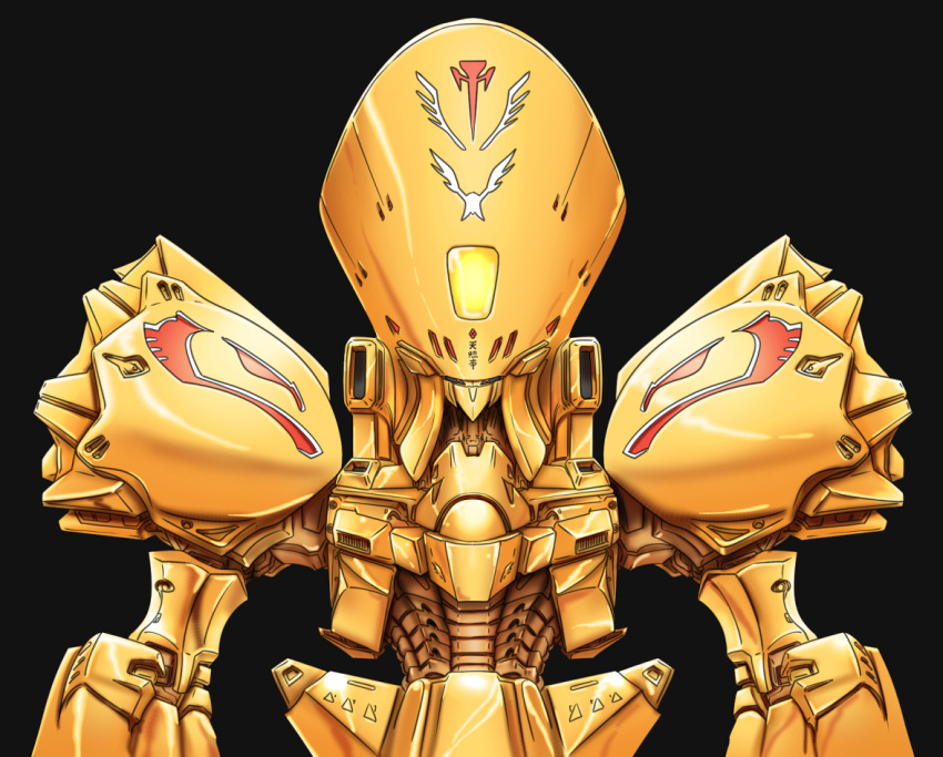 alien black_background commentary_request cross emblem five_star_stories glint knight_of_gold looking_at_viewer machinery mecha mortar_headd niiyan no_humans ornament robot roundel science_fiction symmetry translation_request upper_body