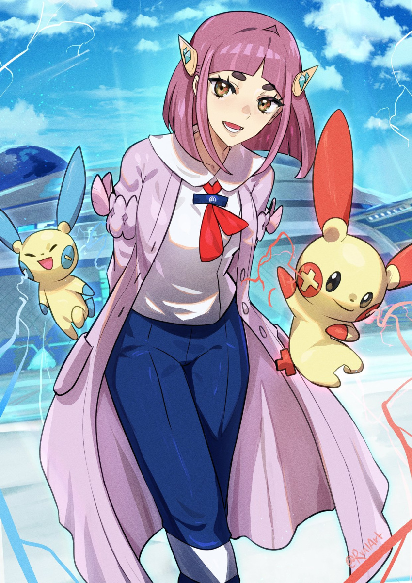 1girl arms_behind_back blue_pants blue_sky blueberry_academy_school_uniform brown_hair butterfly_wings cardigan clouds denim electricity gem_hair_ornament hair_ornament highres insect_wings jeans lacey_(pokemon) looking_at_viewer minun open_mouth pants pink_cardigan pink_hair plusle pokemon pokemon_(creature) pokemon_sv red_scarf ryairyai sailor_collar scarf school_uniform short_hair sky smile sparkle structure white_uniform wings
