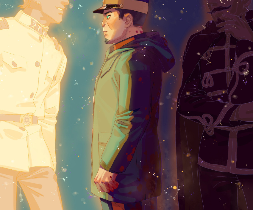 3boys blood blood_on_clothes blue_background brown_hair cape chengongzi123 chinese_commentary closed_mouth coat cowboy_shot elbow_rest facial_hair goatee goatee_stubble golden_kamuy green_coat green_eyes grin hand_up hat highres hood hooded_coat koito_otonoshin long_sleeves looking_to_the_side male_focus military_hat military_uniform multiple_boys mustache short_hair smile split_theme standing stubble tsukishima_hajime tsurumi_tokushirou uniform very_short_hair