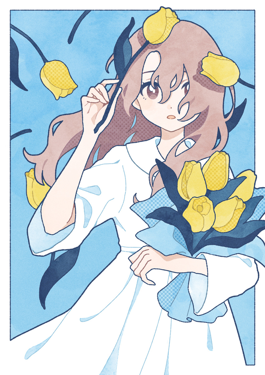 1girl blue_background border bouquet brown_eyes commentary cowboy_shot dress floral_background flower hair_between_eyes halftone hand_up highres holding holding_bouquet holding_flower long_hair looking_at_viewer nahara_saki original outside_border sidelocks solo standing symbol-only_commentary tulip white_border white_dress yellow_flower yellow_tulip
