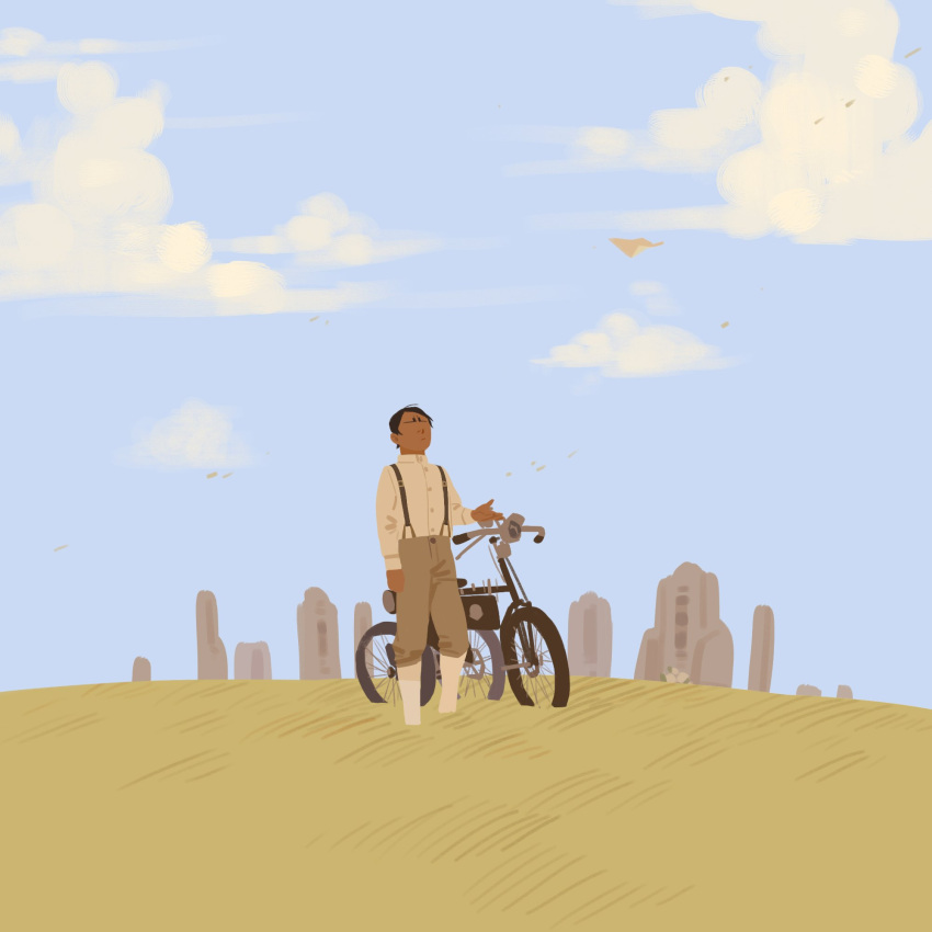 1boy aged_down bicycle blue_background blue_sky brown_hair brown_pants chengongzi123 closed_mouth clouds collared_shirt dark-skinned_male dark_skin field full_body golden_kamuy grass graveyard highres koito_otonoshin long_sleeves male_focus no_eyes no_lineart outdoors pants paper shirt short_hair sky solo standing suspenders wide_shot wind
