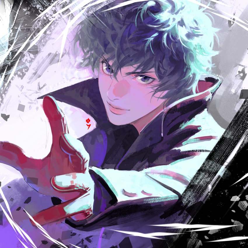 1boy abstract_background amamiya_ren an_kyoung black_coat black_hair coat eyelashes gloves grey_eyes high_collar highres korean_commentary long_sleeves male_focus messy_hair parted_lips persona persona_5 reaching reaching_towards_viewer red_gloves short_hair solo