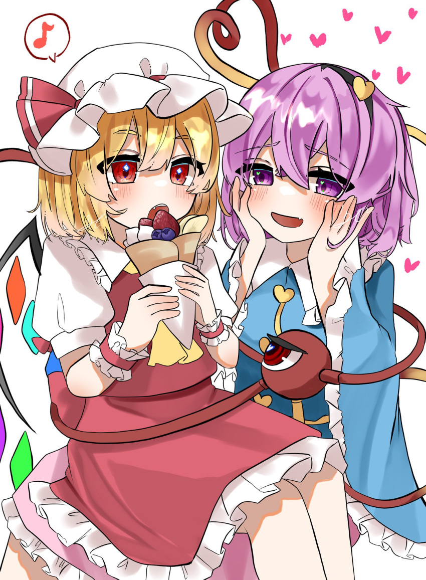 2girls :d :o ascot black_hairband blonde_hair blush buttons commentary crepe crossed_bangs crystal double-parted_bangs eyes_visible_through_hair fang feet_out_of_frame flandre_scarlet food frilled_shirt_collar frilled_skirt frilled_sleeves frilled_wrist_cuffs frills hair_between_eyes hair_ornament hairband hands_on_own_cheeks hands_on_own_face hands_up hat hat_ribbon heart heart_button heart_hair_ornament heart_of_string highres holding holding_food izumi_no_yasushi_aya komeiji_satori long_sleeves looking_at_another lovestruck mob_cap multiple_girls musical_note open_mouth puffy_short_sleeves puffy_sleeves purple_hair red_eyes red_ribbon red_skirt red_vest red_wrist_cuffs ribbon shirt short_hair short_sleeves signature simple_background sitting sitting_on_lap sitting_on_person skin_fang skirt smile spoken_musical_note teeth third_eye touhou upper_teeth_only vest violet_eyes white_background white_headwear white_shirt wide_sleeves wings wrist_cuffs yellow_ascot