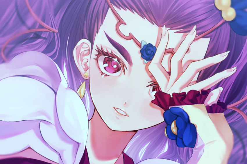 1girl amehana_ichika blue_flower blue_rose commentary_request earrings flower gloves half_gloves jewelry long_hair magical_girl milky_rose parted_lips partial_commentary pink_eyes precure purple_hair rose shirt smile solo tiara twintails white_gloves white_shirt yes!_precure_5 yes!_precure_5_gogo!
