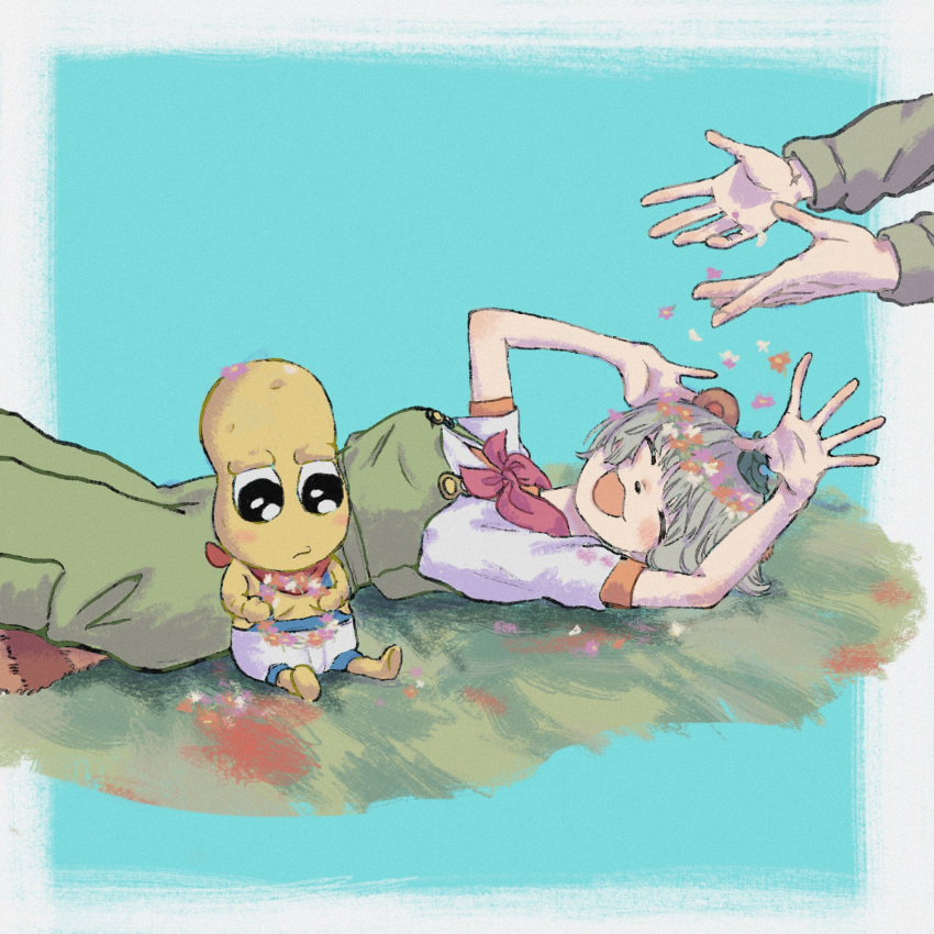 1girl 2boys :3 animal_ears animal_nose anipoko bald bandana bandana_around_neck black_eyes blue_background blush border briefs closed_eyes colored_skin commentary_request dropping facing_viewer falling_flower feet_out_of_frame flower_wreath from_side grass green_overalls grey_hair head_wreath highres holding holding_wreath leaf leaf_on_head long_sleeves looking_at_object lying male_underwear mizu'24 mode_aim multiple_boys on_back out_of_frame outside_border peanuts-kun ponpoko_(vtuber) raccoon_ears raccoon_girl raccoon_tail red_bandana shirt short_hair short_sleeves sitting smile tail topless_male underwear virtual_youtuber white_border white_shirt yellow_skin