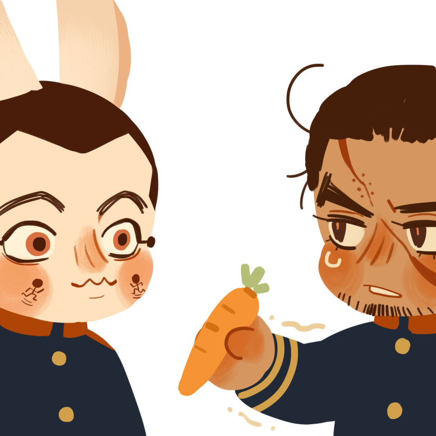 2boys animal_ears blue_jacket bright_pupils brown_eyes brown_hair carrot chengongzi123 closed_mouth dark-skinned_male dark_skin deformed facial_hair feeding goatee_stubble golden_kamuy hand_up highres holding holding_carrot jacket kemonomimi_mode long_sleeves looking_at_another male_focus military_uniform multiple_boys orange_eyes rabbit_ears raised_eyebrows rikimatsu_ariko scar scar_on_face short_hair simple_background stubble sweatdrop thick_eyebrows trembling uniform upper_body usami_tokishige very_short_hair white_background