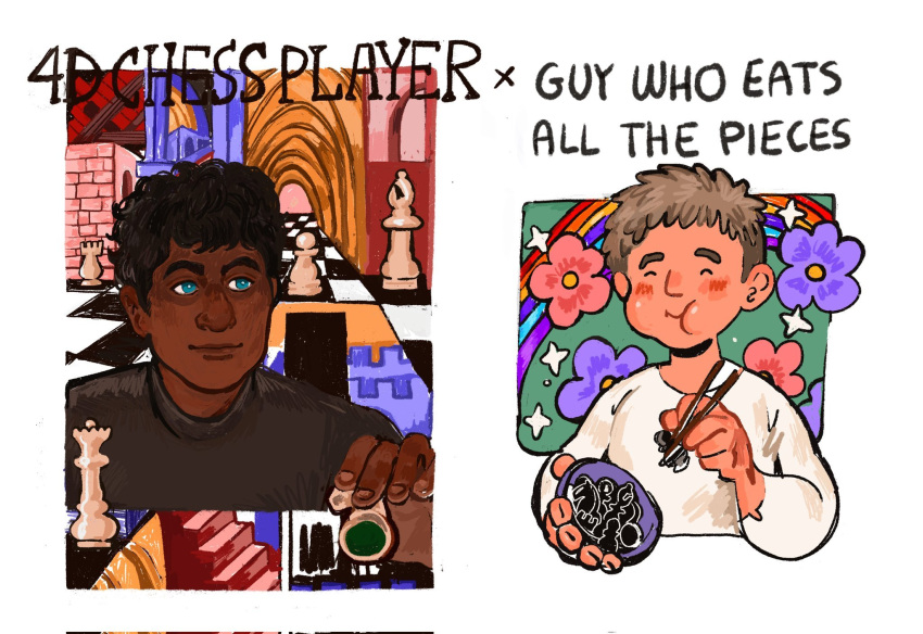 2boys bishop_(chess) black_hair blonde_hair blue_eyes blush chess_piece chessboard chewing chopsticks closed_eyes cropped_torso dark-skinned_male dark_skin dungeon_meshi eating eldhuug english_text flower highres holding holding_chopsticks kabru knight_(chess) laios_thorden male_focus multiple_boys pawn_(chess) rainbow rook_(chess) short_hair simple_background smile sparkle wavy_hair white_background