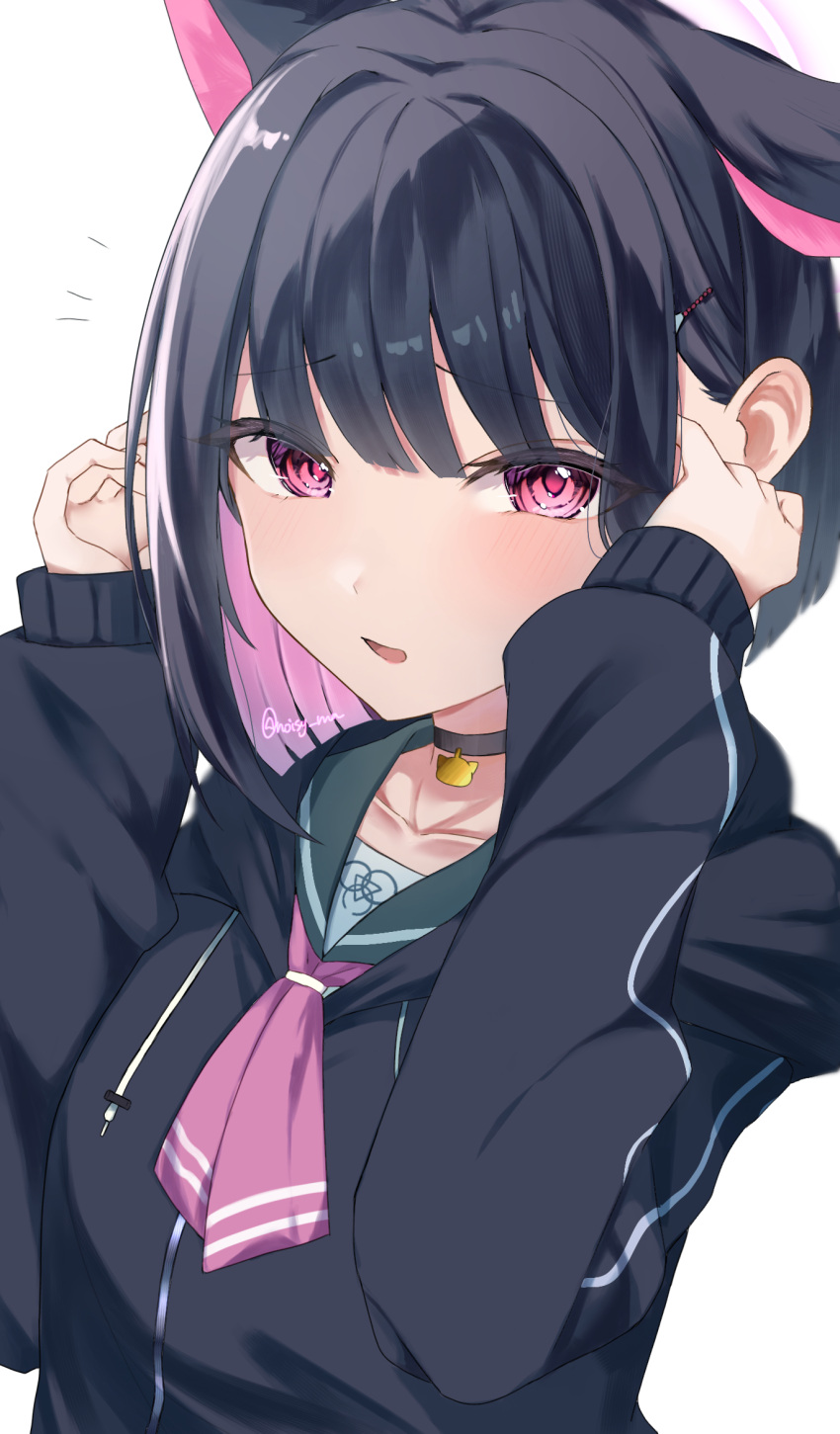 1girl animal_ears black_choker black_hair black_hoodie blue_archive blunt_bangs blush bob_cut cat_choker cat_ears choker closed_mouth collarbone colored_inner_hair commentary_request extra_ears eyelashes eyes_visible_through_hair hair_ornament hairclip hands_up highres hood hood_down hoodie kazusa_(blue_archive) light_smile looking_at_viewer multicolored_hair neckerchief noisy_ma notice_lines pink_eyes pink_hair pink_neckerchief short_hair simple_background sleeves_past_wrists solo tsurime twitter_username upper_body white_background