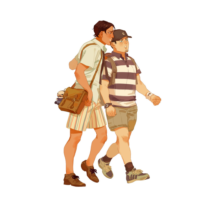 2boys backpack bag baseball_cap brown_bag brown_footwear brown_hair brown_headwear brown_shorts brown_socks character_doll chengongzi123 collared_shirt contemporary dark-skinned_male dark_skin facial_hair full_body goatee_stubble golden_kamuy green_eyes hand_on_another's_shoulder hand_up hat highres koito_otonoshin long_hair looking_to_the_side male_focus multiple_boys open_mouth satchel shirt shoes short_hair short_sleeves shorts simple_background sneakers socks striped_clothes striped_shirt striped_shorts stubble tsukishima_hajime tsurumi_tokushirou very_long_hair walking watch watch white_background