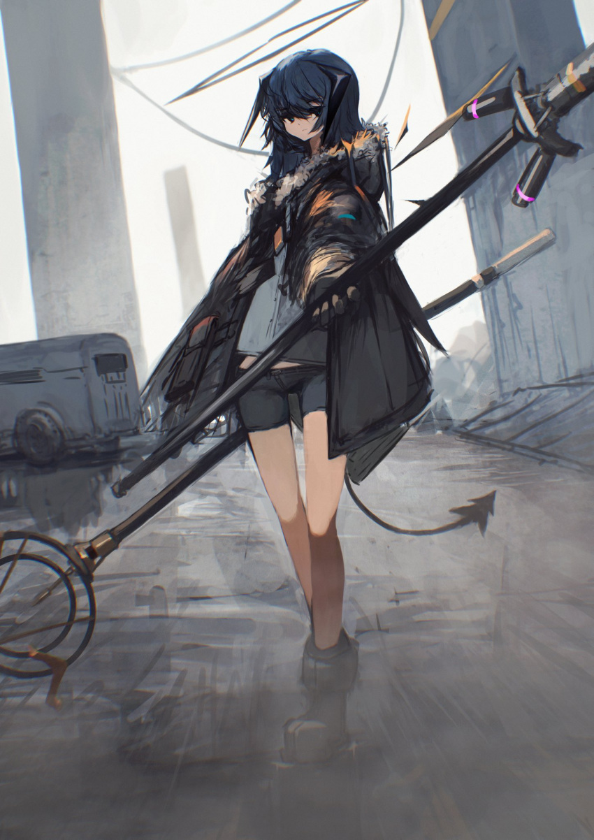 1girl arknights biko._(yamabiko720) black_coat black_footwear black_shorts blue_hair coat commentary demon_girl demon_horns demon_tail dual_wielding empty_eyes fur-trimmed_coat fur_trim grey_shirt halo highres holding holding_staff horns mostima_(arknights) muted_color outdoors ruins shirt shorts solo staff tail trailer