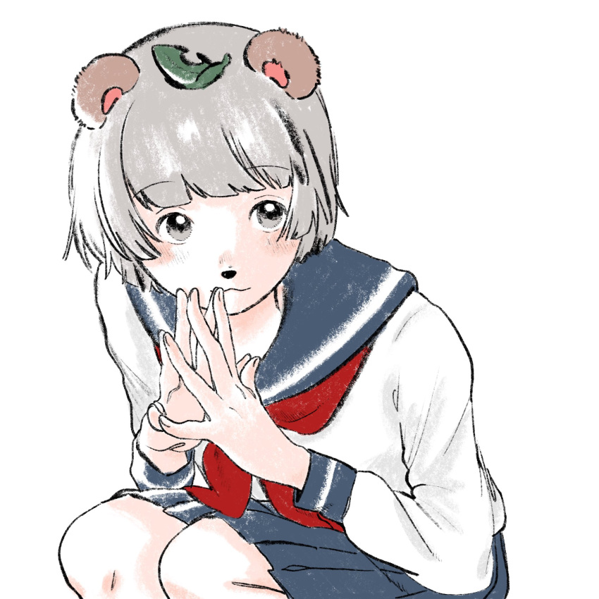1girl :3 alternate_costume animal_ears animal_nose blue_sailor_collar blue_skirt blush closed_mouth feet_out_of_frame grey_eyes grey_hair hands_up highres long_sleeves looking_at_viewer mizu'24 mode_aim neckerchief own_hands_together pleated_skirt ponpoko_(vtuber) raccoon_ears raccoon_girl red_neckerchief sailor_collar school_uniform serafuku shirt short_hair simple_background skirt solo squatting steepled_fingers upturned_eyes virtual_youtuber white_background white_shirt