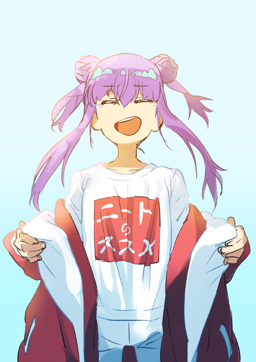 1girl anima_lyon blue_background closed_eyes collarbone cowboy_shot denim double_bun facing_viewer floating_hair furrowed_brow hair_bun highres indie_virtual_youtuber jacket jacket_partially_removed jeans long_sleeves pants print_shirt purple_hair red_jacket removing_jacket sadamoto_hokuto shirt short_hair_with_long_locks short_twintails sidelocks smile solo standing straight-on tearing_up translation_request twintails virtual_youtuber white_shirt