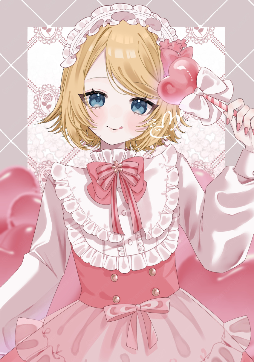 1girl absurdres alternate_costume balloon blonde_hair blue_eyes blush bow buttons candy center_frills closed_mouth dress food frilled_dress frilled_headwear frills heart heart-shaped_lollipop heart_balloon highres holding holding_candy holding_food holding_lollipop kagamine_rin lollipop long_sleeves looking_at_viewer nail_polish neck_ribbon pink_dress pink_nails pink_ribbon ribbon see-through shaped_lollipop short_hair solo swept_bangs tongue tongue_out too_many too_many_frills turtleneck user_chzp2287 vocaloid white_bow white_headwear