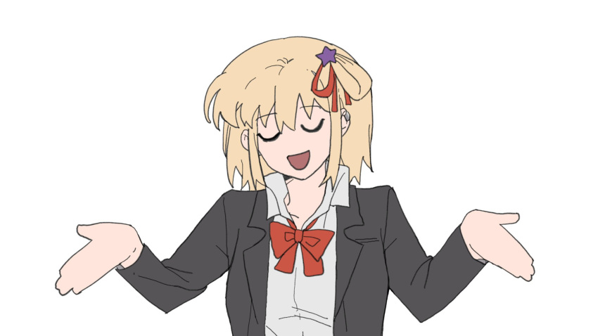 1girl black_jacket blonde_hair bright_pupils chinese_commentary closed_eyes collared_shirt commentary_request earclip grey_skirt hair_ornament hair_ribbon hands_up highres jacket long_sleeves lycoris_recoil medium_hair nishikigi_chisato one_side_up open_clothes open_jacket open_mouth pleated_skirt red_ribbon ribbon school_uniform shirt shrugging skirt solo star_(symbol) star_hair_ornament upper_body white_pupils white_shirt yanlingjinshilihuahua
