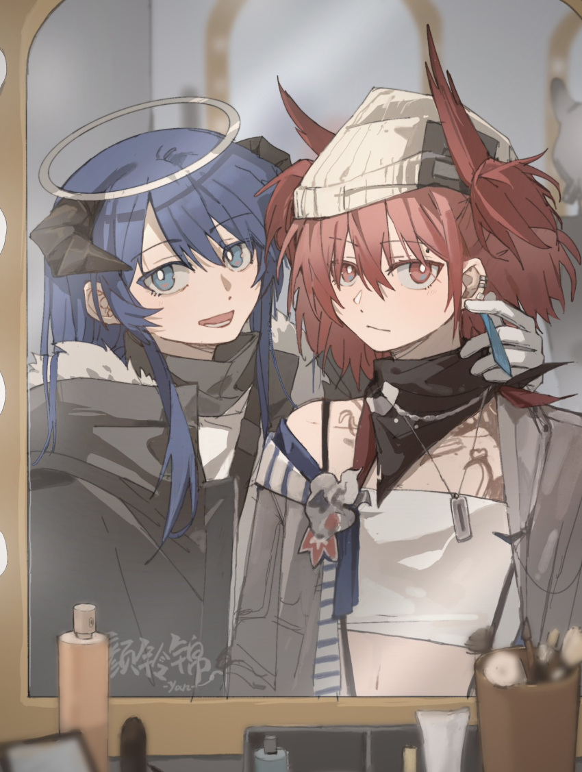 2girls arknights bandeau beanie black_coat black_scarf blue_eyes blue_hair bottle bright_pupils closed_mouth coat commentary dog_tags ear_piercing earrings feather_hair fiammetta_(arknights) grey_jacket halo hat highres horns jacket jewelry long_hair looking_at_viewer makeup_brush medium_hair mirror mostima_(arknights) multiple_girls off_shoulder open_mouth piercing red_eyes redhead reflection scarf smile spray_bottle two_side_up white_bandeau white_headwear white_pupils yanlingjinshilihuahua yuri