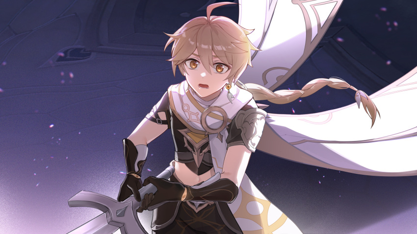 1boy absurdres aether_(genshin_impact) arm_armor armor black_gloves black_pants black_shirt blonde_hair braid brown_eyes earrings floor genshin_impact gloves hair_between_eyes hair_ornament hair_ribbon hands_up highres holding holding_sword holding_weapon indoors jewelry long_hair looking_at_viewer male_focus mujizi open_mouth pants ribbon scarf shirt short_sleeves shoulder_armor single_earring solo standing star_(symbol) star_print sword teeth tongue weapon white_ribbon white_scarf