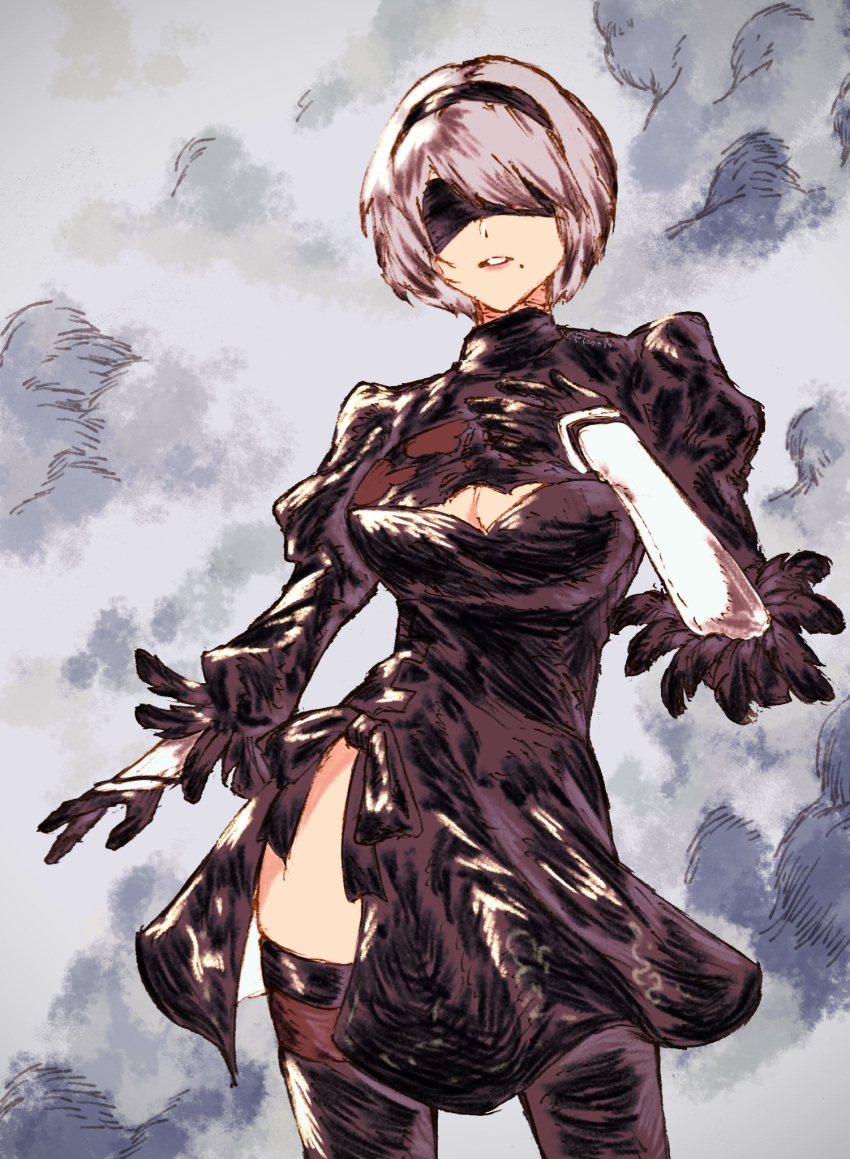1girl 2b_(nier:automata) aojirozame1228 black_blindfold black_dress black_gloves black_hairband black_thighhighs blindfold breasts cleavage_cutout clothing_cutout cowboy_shot dress facing_viewer gloves grey_background grey_hair hairband hand_on_own_chest hand_up highres juliet_sleeves large_breasts long_sleeves looking_at_viewer mole mole_under_mouth nier:automata nier_(series) parted_lips puffy_sleeves short_hair smoke solo standing thigh-highs white_sleeves