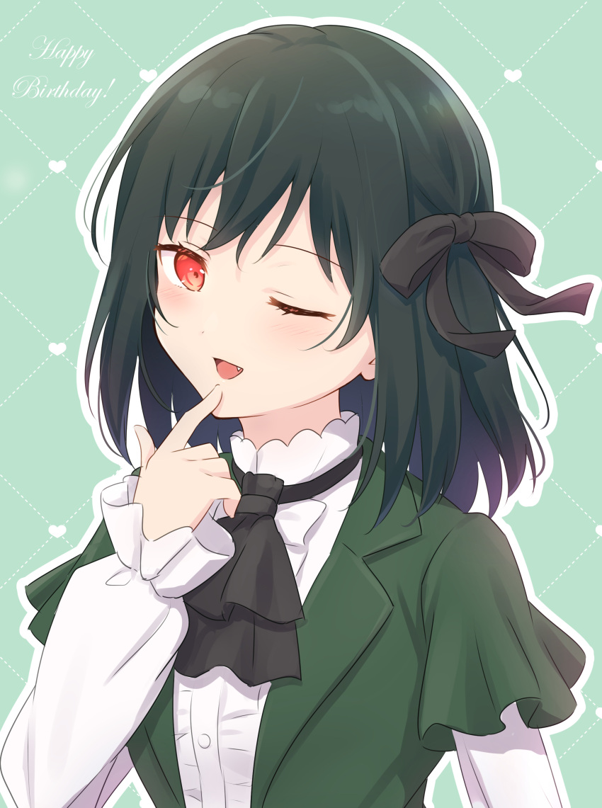 1girl absurdres ascot black_ascot black_ribbon center_frills commentary_request fang finger_to_mouth frills green_background green_hair green_jacket hair_ribbon happy_birthday highres jacket koufukuron_(love_live!) long_sleeves looking_at_viewer love_live! love_live!_nijigasaki_high_school_idol_club mifune_shioriko one_eye_closed open_mouth outline red_eyes ribbon shirt short_hair sidelocks solo soramizuki upper_body white_outline white_shirt